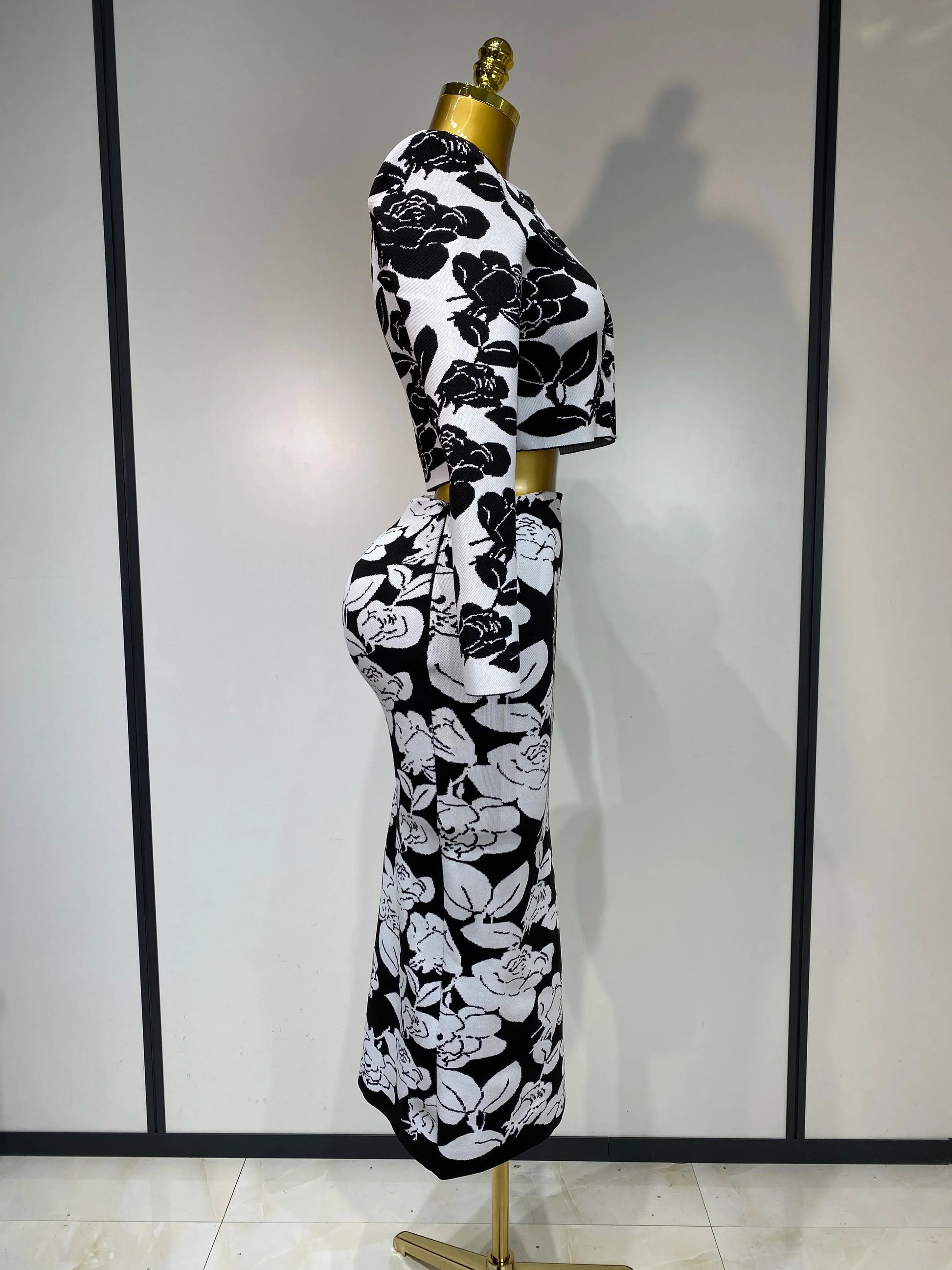 Women Long Sleeve Jacquard Weave Two Pieces Set Celebrity Red Carpet Dress Birthday Bodycon Bandage Women's Set