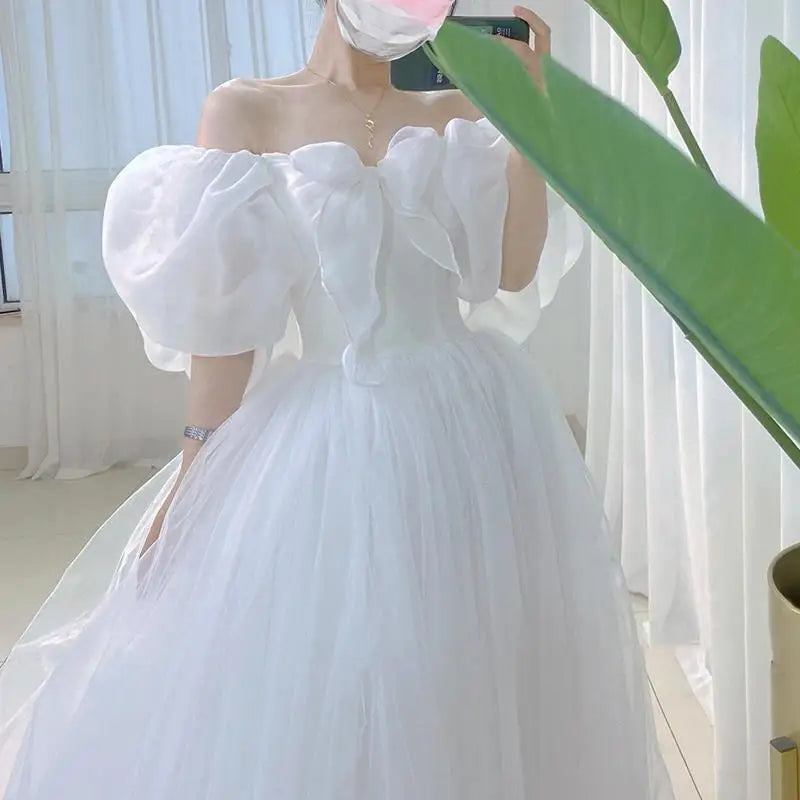 White Sweet Bow Puff Sleeve Wedding Dresses for Bride Elegant Long Evening Party Host Women Summer Formal Dress vestidos