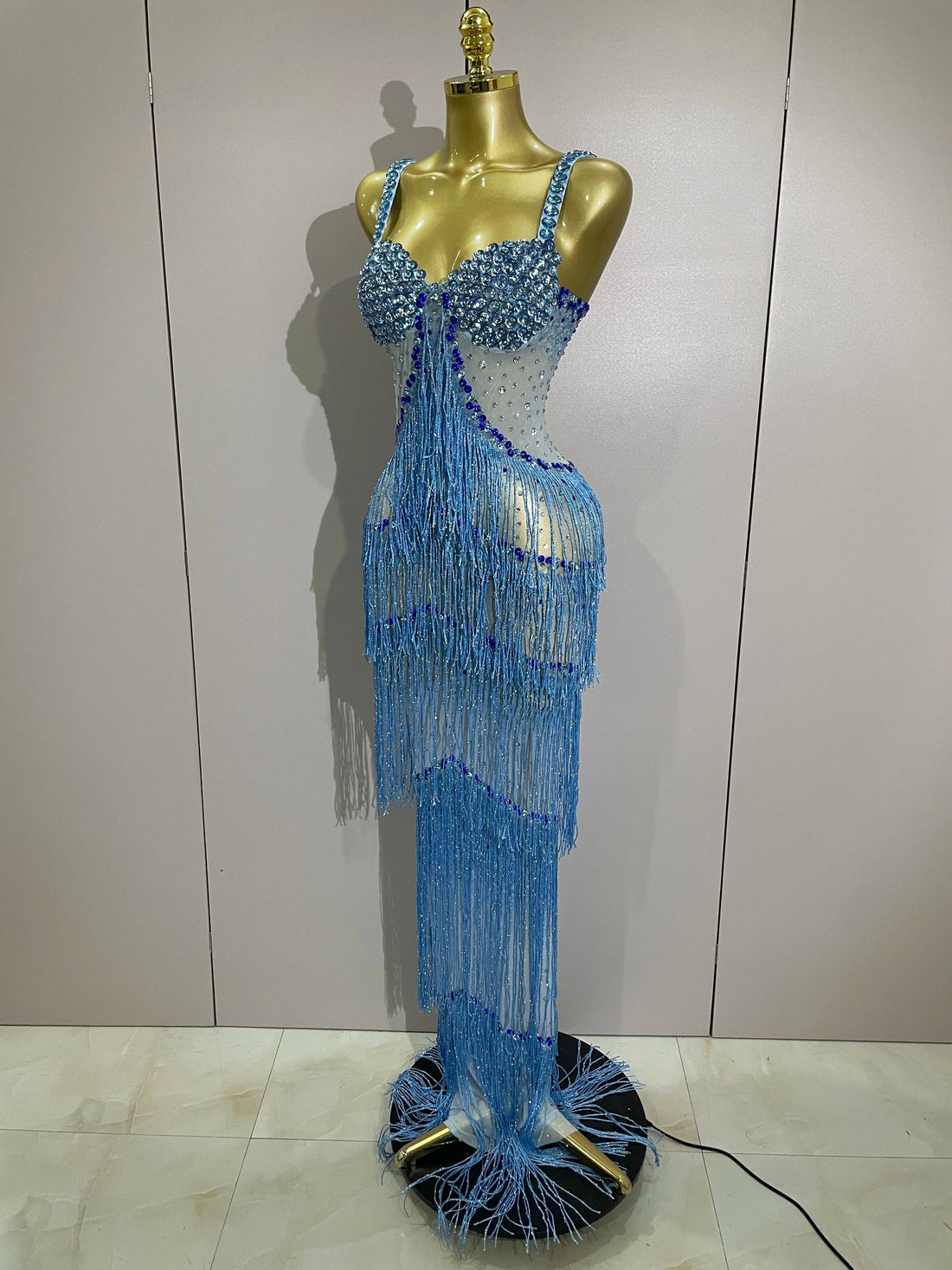 Sparkly Rhinestones Tassel sexy Mesh Slip Long Dress Women Celebrate Evening Prom Birthday paty Dress Photoshoot Stage Wear Blue