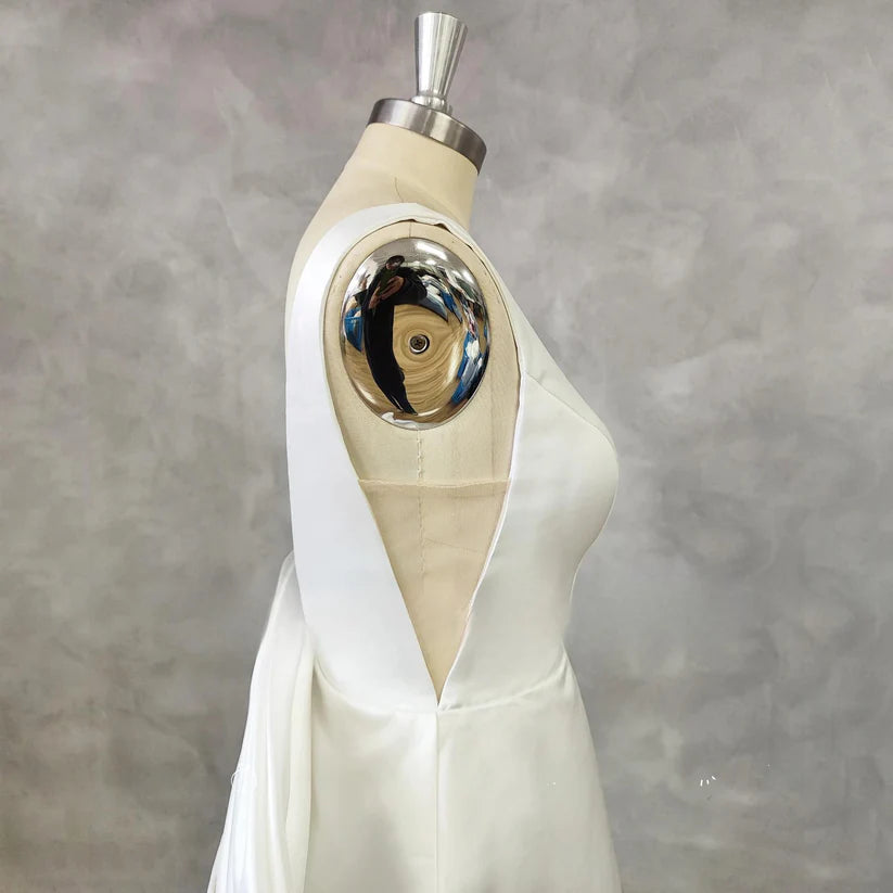 Mini robe de mariée en Satin pour femmes, Simple, sans manches, décolleté en v profond, ligne a, grand nœud, dos nu, courte au-dessus du genou