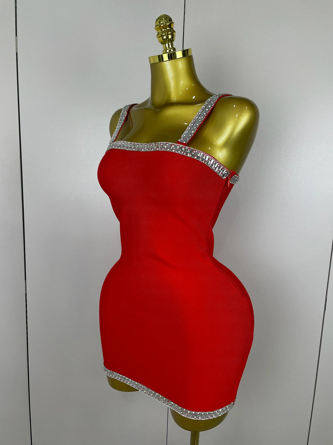 Women Celebrity Luxury Sexy Summer Square Collar Red Crystal Mini Bandage Dress Knitted Elegant Evening Club Party Outfit Red