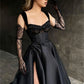 Black Lace Embroidery Prom Dresses A-line Satin فساتين السهرة  Elegant Illusion Gloves Floor-Length vestidos verano moda