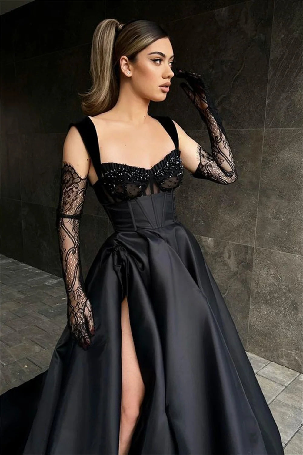 Black Lace Embroidery Prom Dresses A-line Satin فساتين السهرة  Elegant Illusion Gloves Floor-Length vestidos verano moda