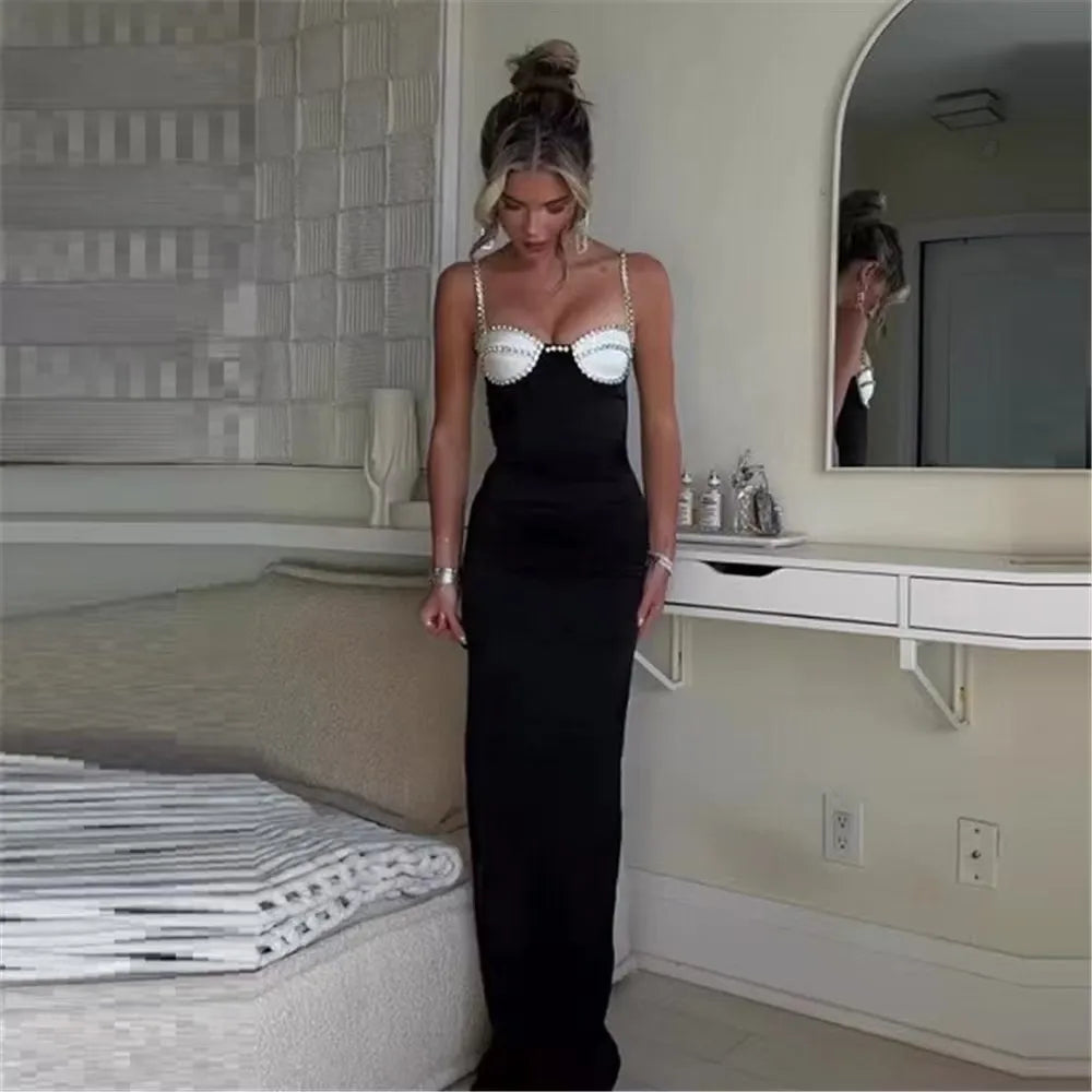 Black Red Color Women Sleeveless Sexy Strap Square Collar Bodycon Long Bandage Dress Fashion Celebrate Nightclub Party Outfit