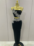 Sexy Strapless Flower Diamonds Black Maxi Long Bandage Two Piece Set Women Knitted Elegant Evening Club Party Prom Gowns black