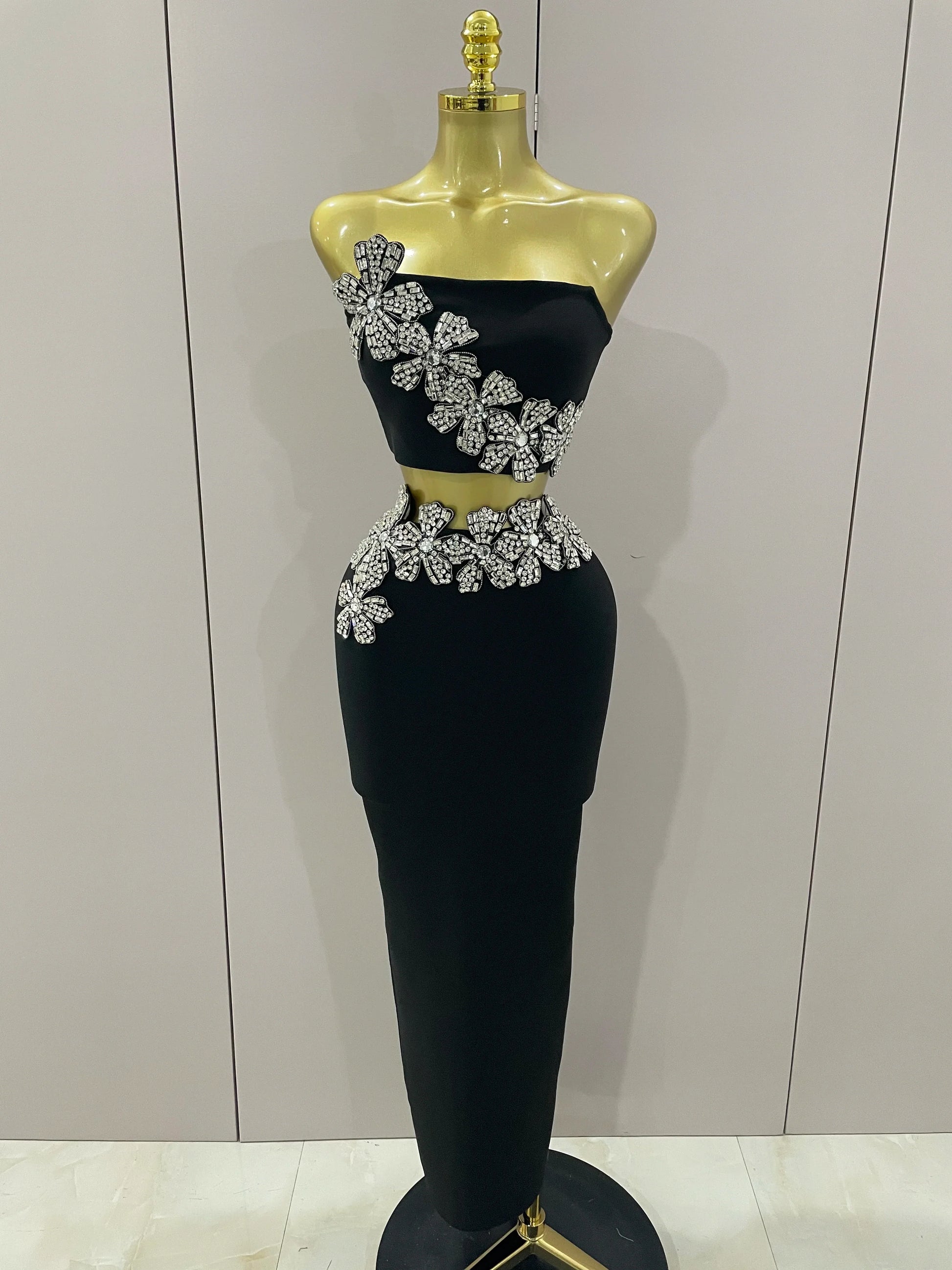 Sexy Strapless Flower Diamonds Black Maxi Long Bandage Two Piece Set Women Knitted Elegant Evening Club Party Prom Gowns black