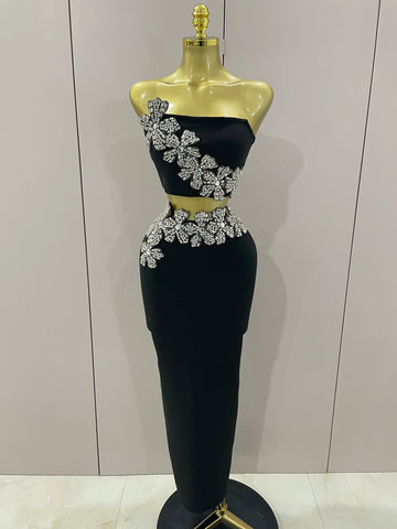 Sexy Strapless Flower Diamonds Black Maxi Long Bandage Two Piece Set Women Knitted Elegant Evening Club Party Prom Gowns black