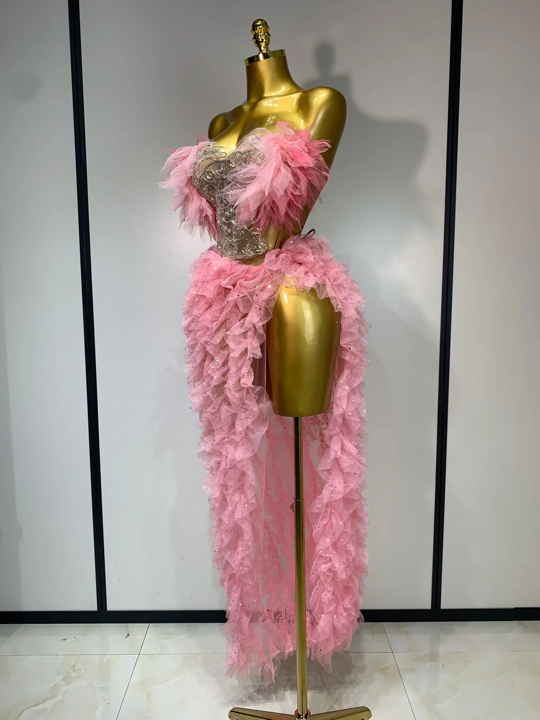 Women Sexy Strapless Ruffles two Pieces Set Bodycon Long Dress High Split Fashion Nightclub Party Birthday Singer Stage Outfit Pink