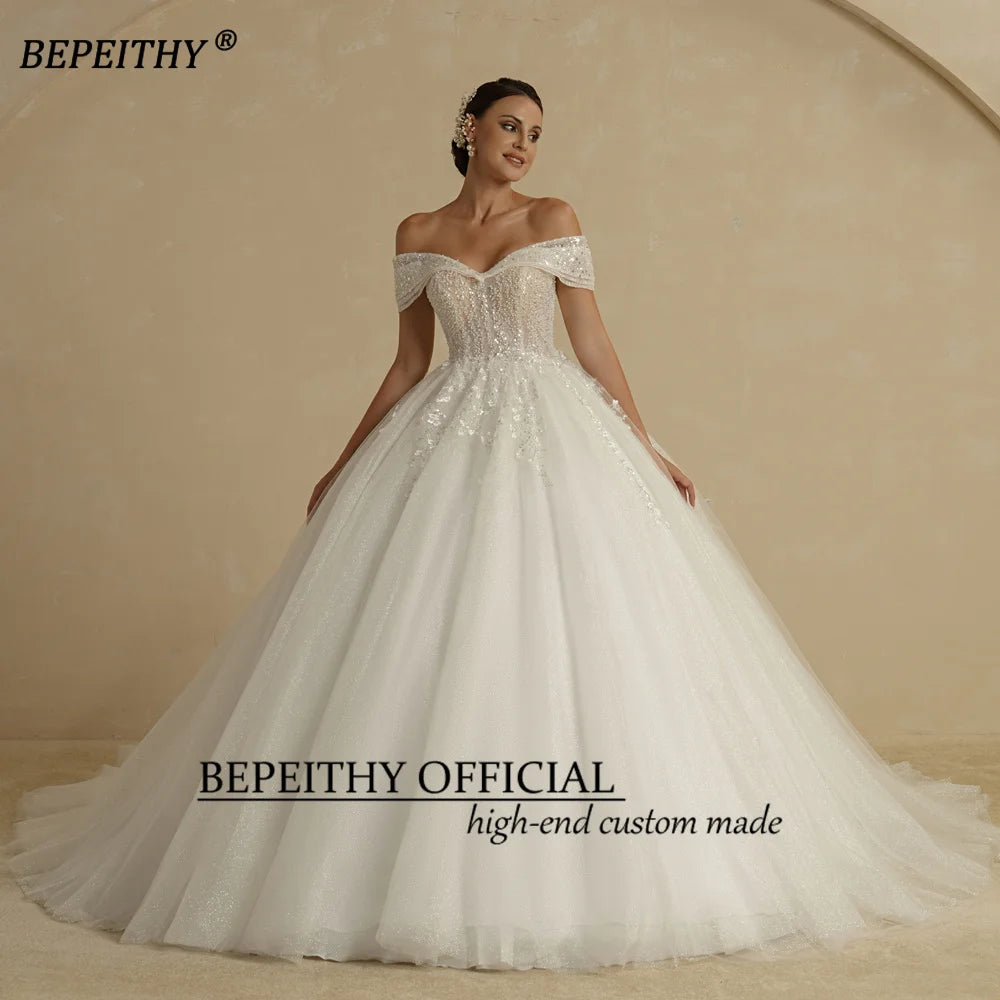 BEPEITHY-vestidos de Boda de Princesa con cuentas de marfil para novia, sin hombros, sin mangas, vestido de novia con bola brillante