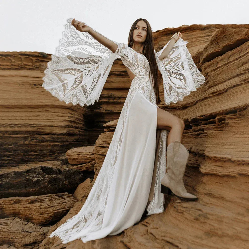 Long Split Bell Sleeves Boho Bridal Gowns Custom Made V Neck Front Leg Slit Cutout Backless A Line Chiffon Lace Wedding Dress Boho