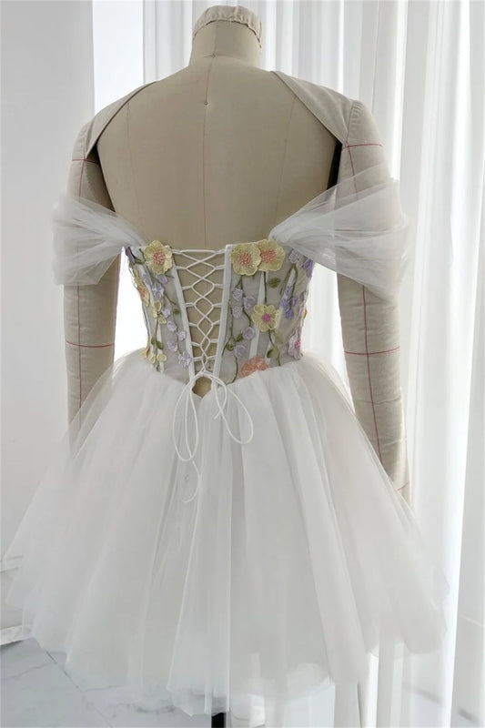 White Flowers Appliques Prom Dresses Off the Shoulde Tulle Mini فساتين السهرة Lace-up Back Sweet vestidos verano moda