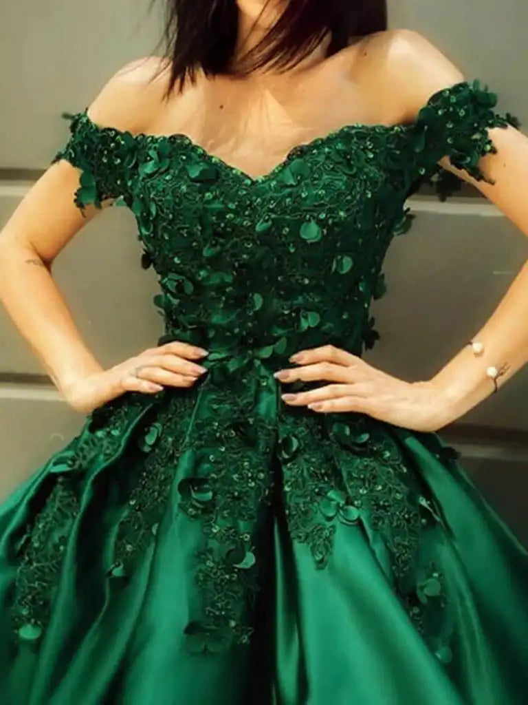Green Prom Dress Lace Applique Floral Short Ball Gown Satin Off Shoulder Sweetheart Evening Party Gown Homecoming Dress