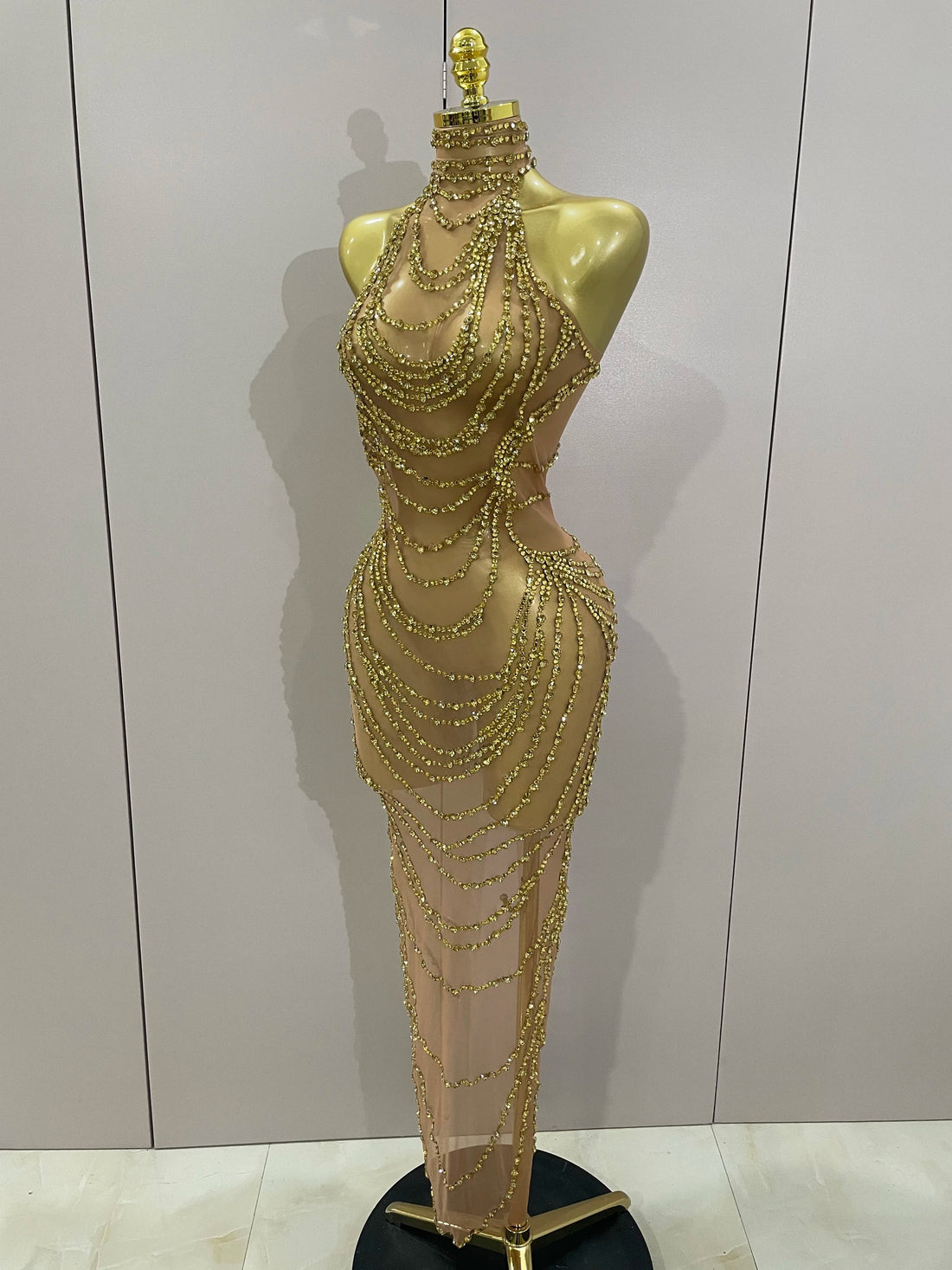 Luxury Sparkly Gold Rhinestone Sexy Transparent Mesh Long Dress Women Birthday Party Gown Stage Singer Performance Costume Gold