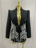 Sparkly Crystal Chains Pearls Long Sleeve Mini Dress Women Birthday Evening Party Nightclub Outfit Singer Wedding Costume black