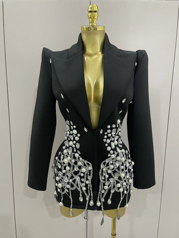 Sparkly Crystal Chains Pearls Long Sleeve Mini Dress Women Birthday Evening Party Nightclub Outfit Singer Wedding Costume black