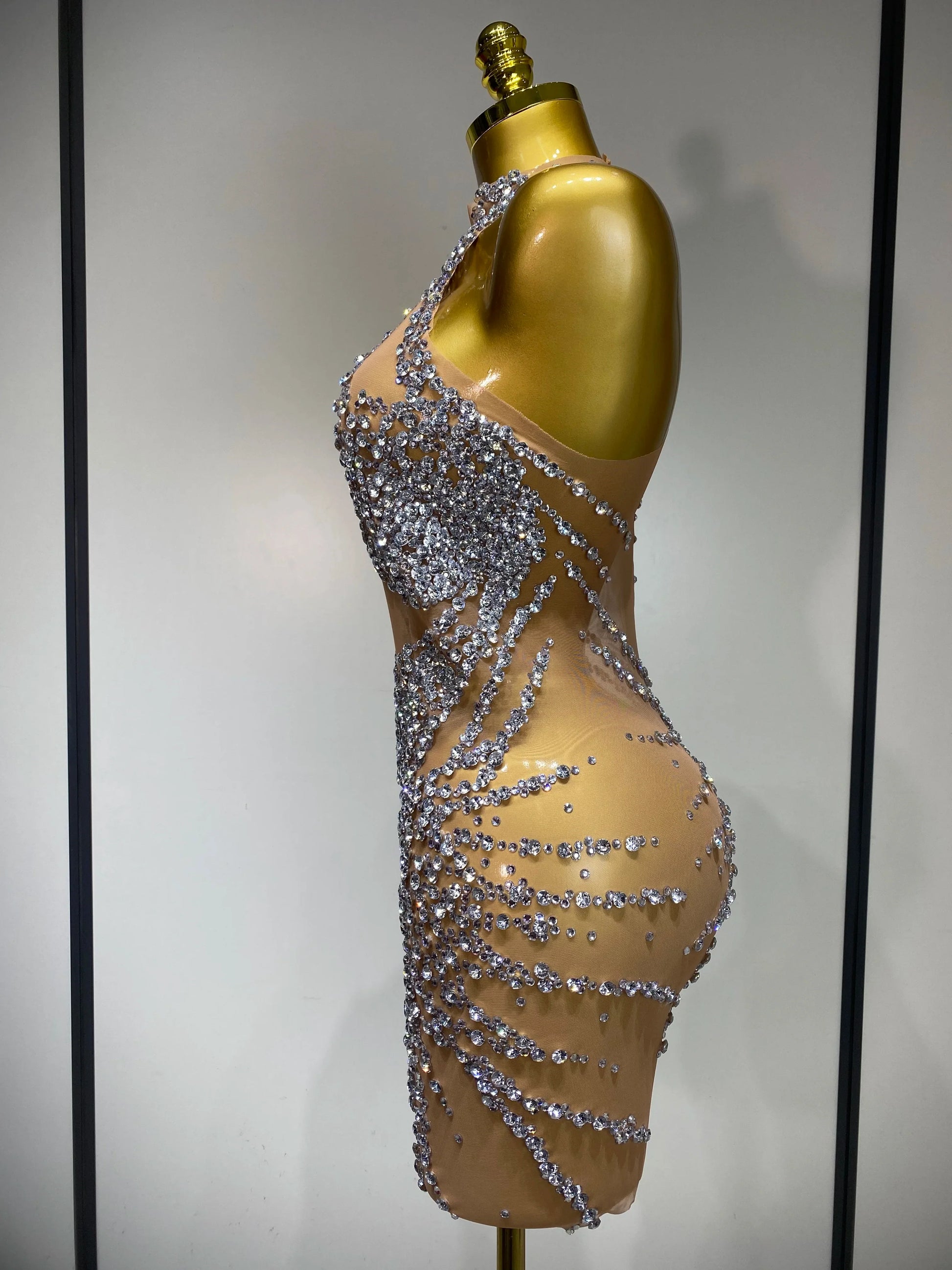 Luxury Rhinestones Mesh Transparent Prom Mini Dress Shinny Women Birthday Celebrate Party Prom Nightclub Outfit Stage Costume