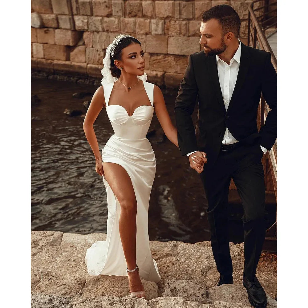 Glitter Chic Ivory Mermaid Satin Wedding Gowns Sweetheart Hig Slit Sexy Wedding Dresses vestido de no Customize Vestido De Noiva 14w
