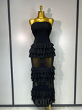 Women Sexy Strapless Ruffles Long Dress Black Backless Mesh See Through Design Dresses Evening Party Cocktail Birthday Dress black