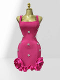 Summer Shining Diamonds Sleeveless Sexy Bodycon Mini Bandage Dress Ruffles Celebrate Evening Party Birthday Outfit Vestido Rose Red