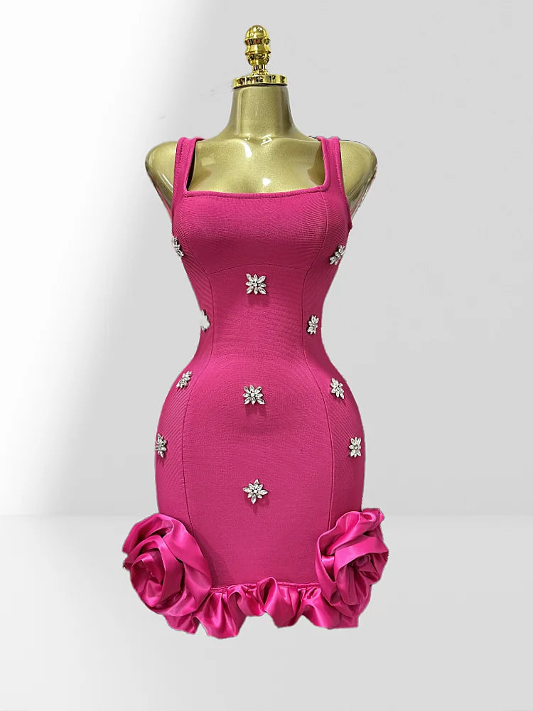 Summer Shining Diamonds Sleeveless Sexy Bodycon Mini Bandage Dress Ruffles Celebrate Evening Party Birthday Outfit Vestido Rose Red