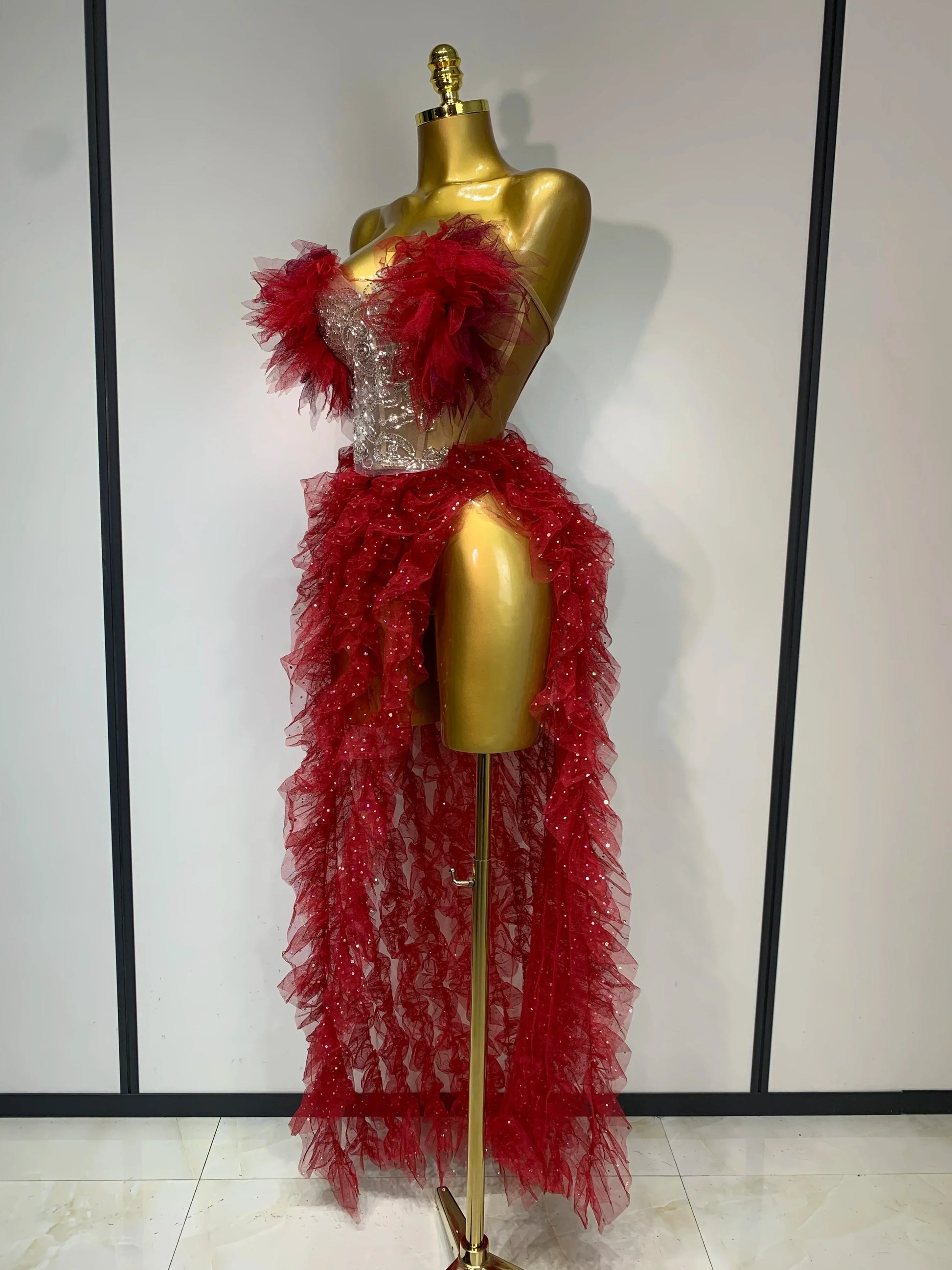 Women Sexy Strapless Mesh two Pieces Set Bodycon Long Dress High Split Nightclub Party Luxury Birthday Singer Stage Outfit