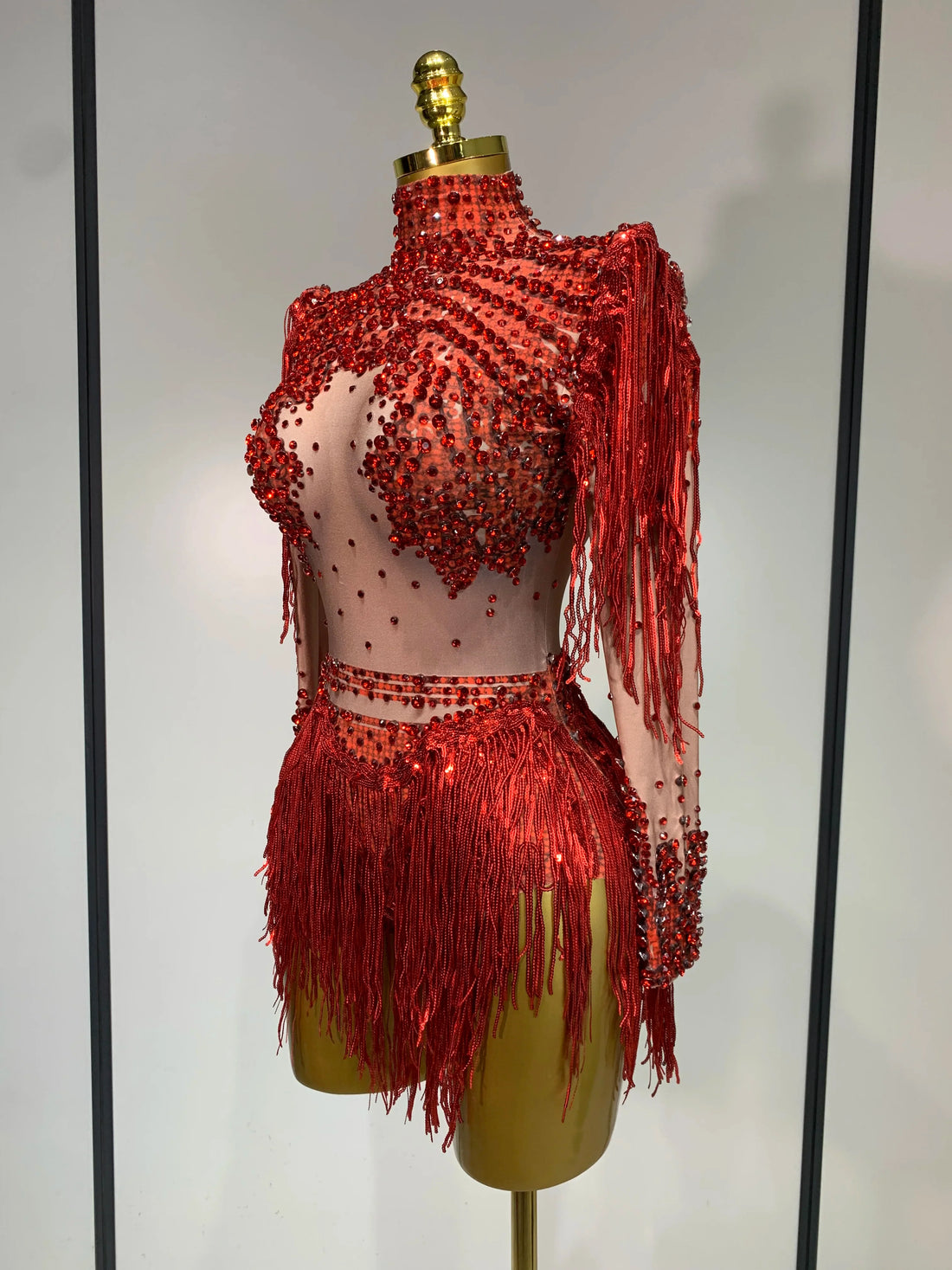 Women Sexy Elasticity Performance Dance Nightclub Rompers Singer Stage Outfit Sparkly Rhinestone Tassels Bodysuit Birthday Wear Red