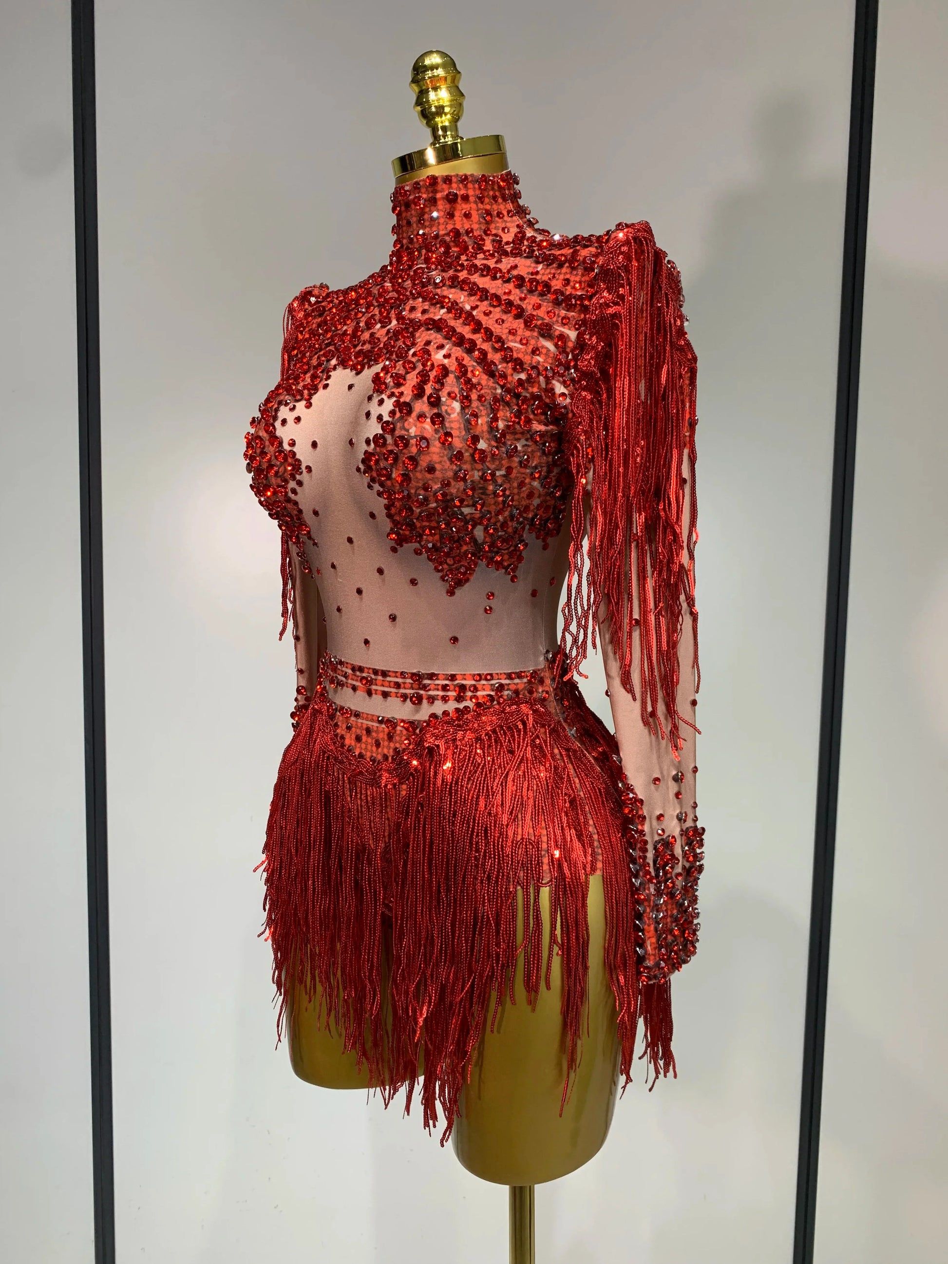 Women Sexy Elasticity Performance Dance Nightclub Rompers Singer Stage Outfit Sparkly Rhinestone Tassels Bodysuit Birthday Wear