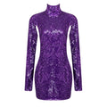 Backless Sexy Dress For Women Evening Party Gown Purple Sequins Sparkle Long Sleeves Slim Mini Dress PURPLE