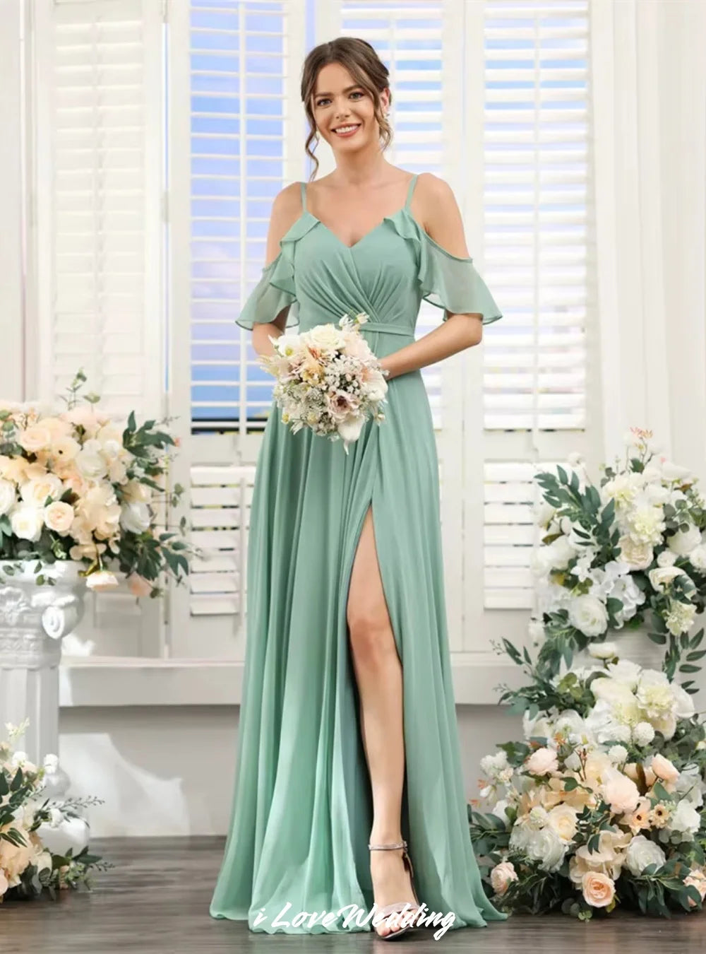 Elegant Sage Green Bridesmaid Dresses Chiffon Spaghetti-Strap A-Line Side Split Floor Length Wedding Party Dress Customized