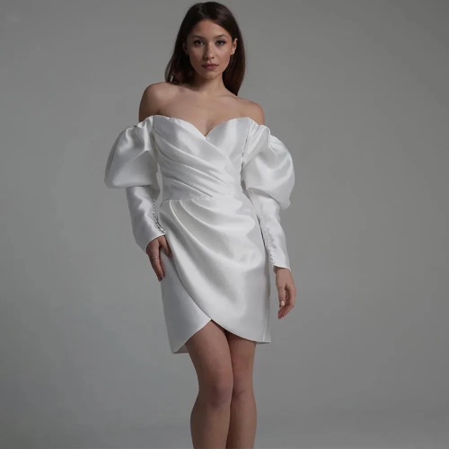 Robe de soirée de mariage sirène courte, Simple, épaules dénudées, manches bouffantes, Mini robes de mariée pour femmes