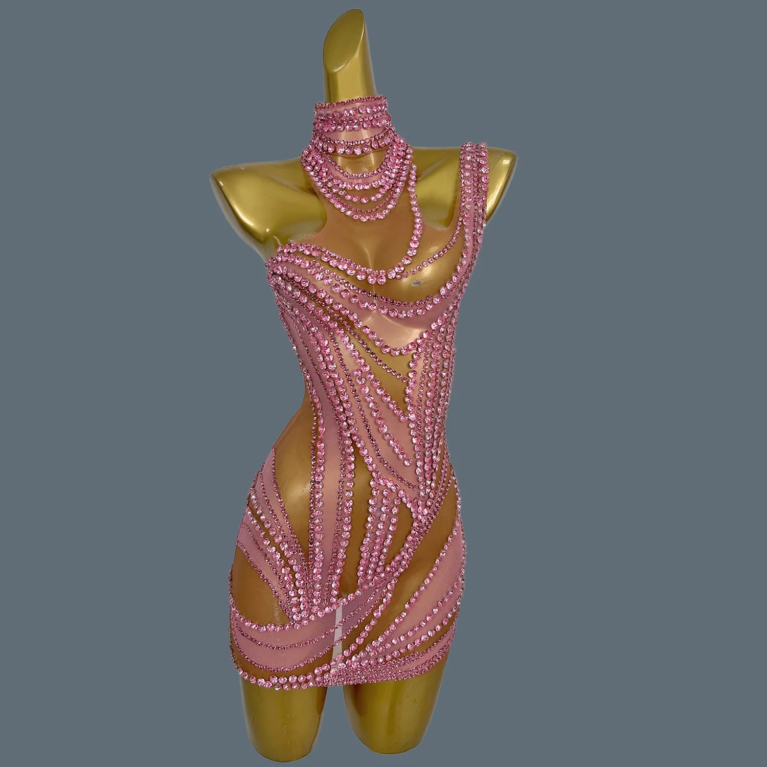 Hot Girl Sparkly Rhinestone Mini Dress Sexy Mesh See Through Party Event Prom Celebrate Birthday Dress Singer Show Wear Liuzhuan Pink One Size