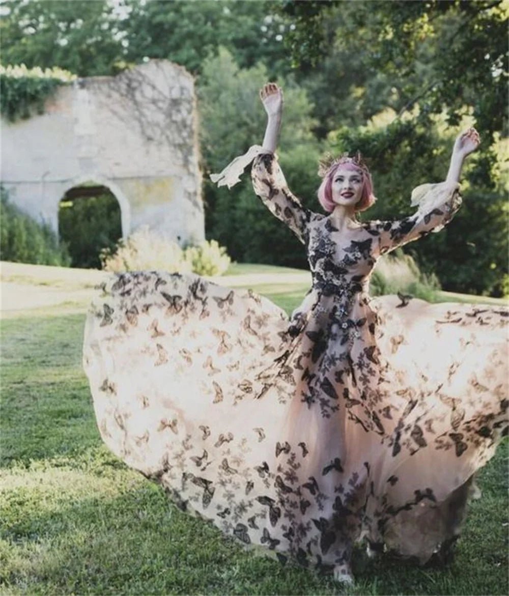 Vestido de fiesta de tul con bordado de encaje, manga larga, línea A, Sexy, con cuello en V, vestido de novia elegante de lujo