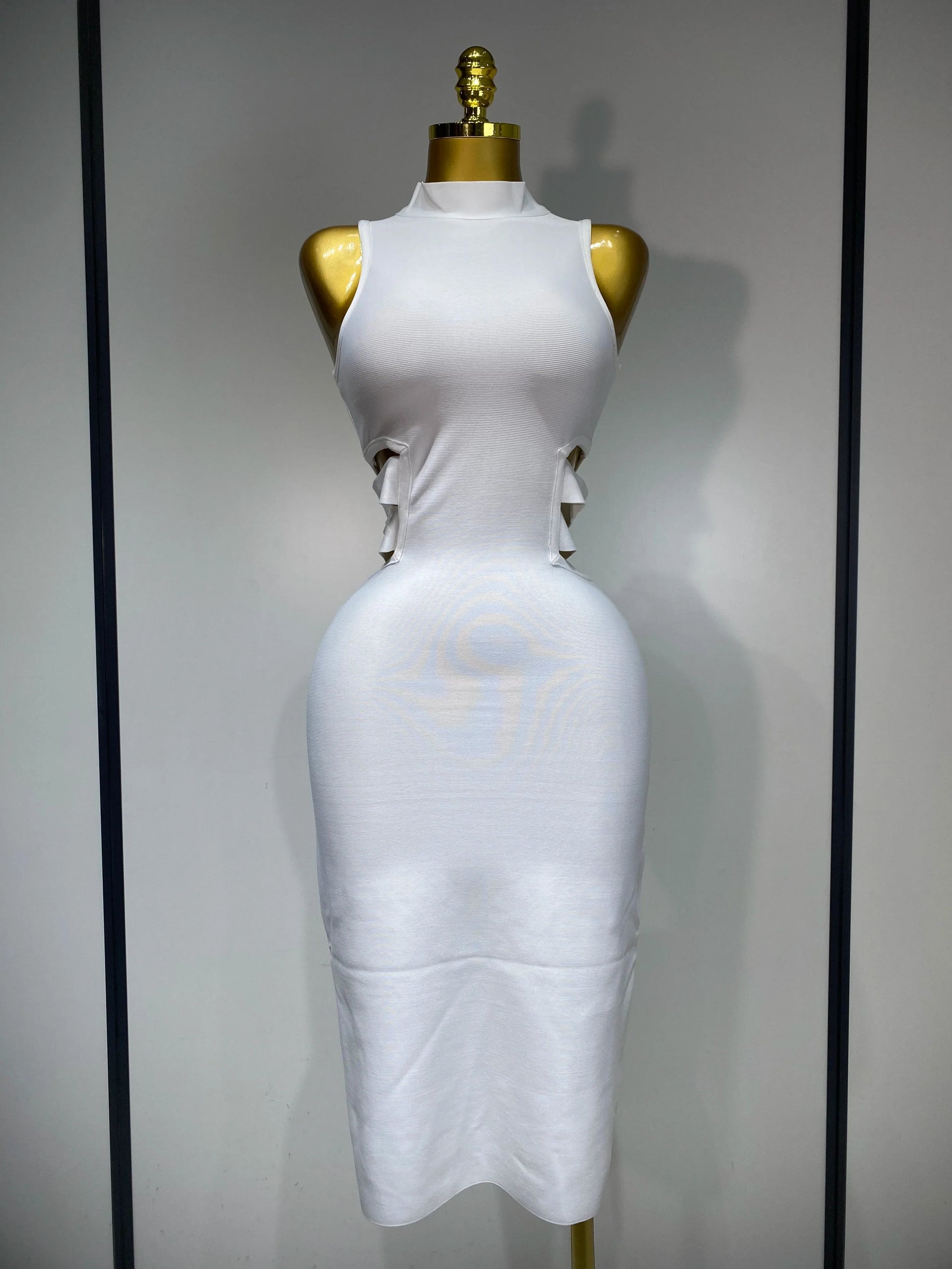 Women Sexy Turtleneck White Cut Out Midi Bodycon Bandage Dress White Elegant Evening Party Dress Luxury Birthday Dress WHITE