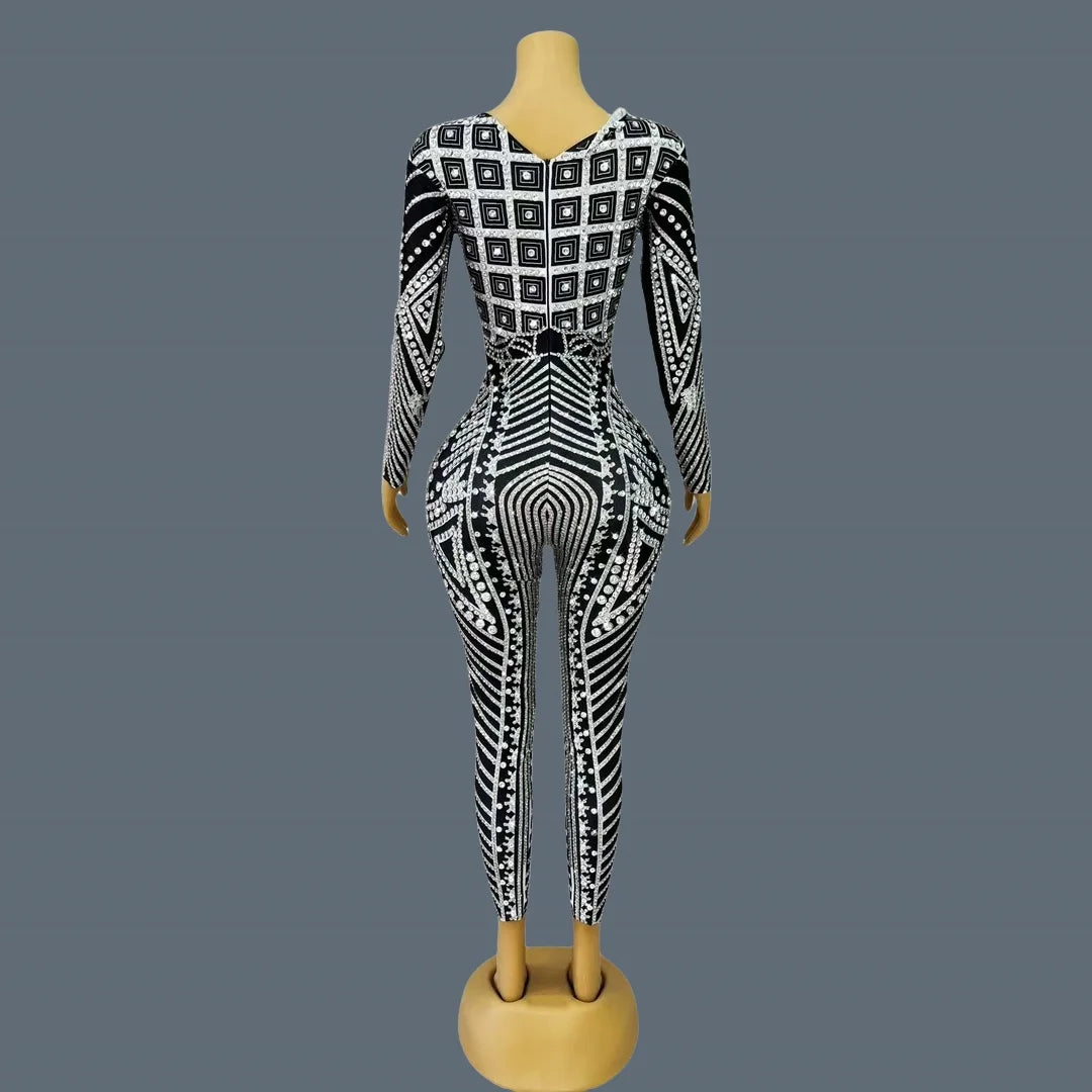 Fancy Sexy Black White Striped Printing Rhinestone Jumpsuit Bar Nightclub Stage Performance Bodycon Leggings for Women Mawenku as shown