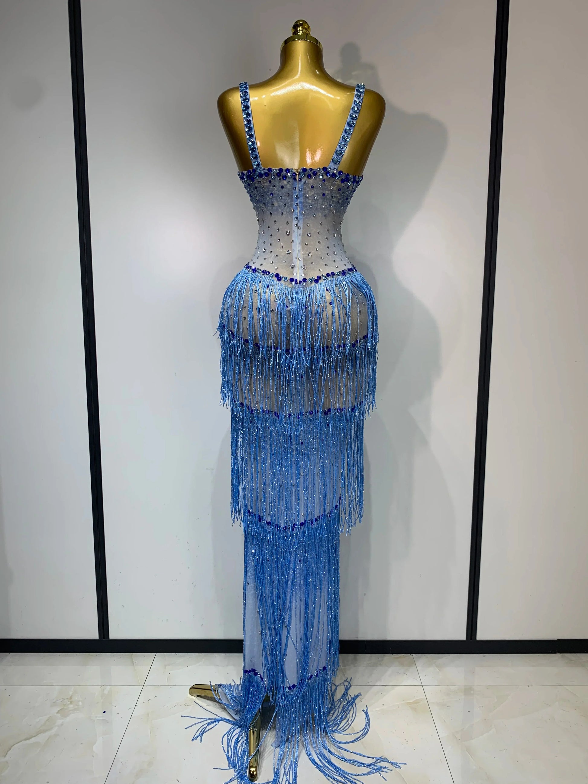 Sparkly Rhinestones Fringes Maxi Long Dress Women Sexy Transparent Elagant Evening Party Birthday Dress Photo Shoot Outfit