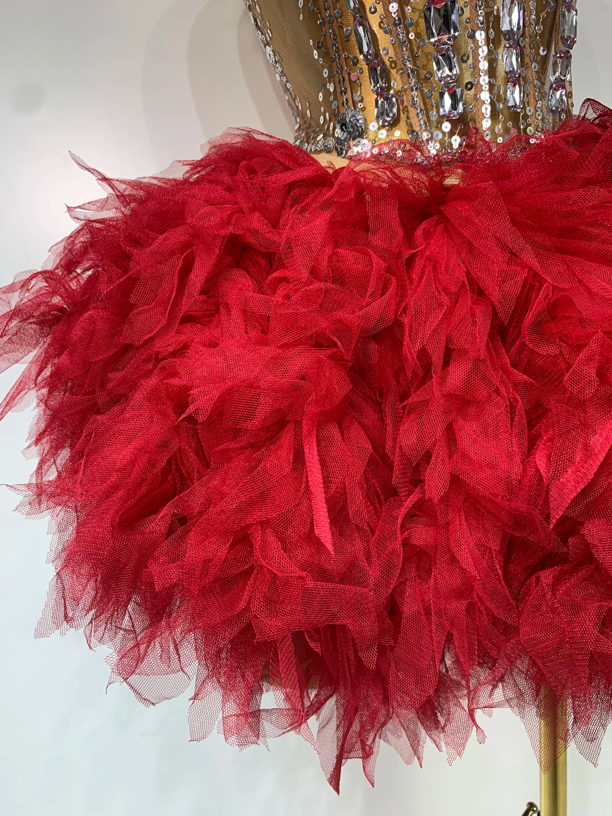 Sexy Strapless Red Mesh Two Pieces Set Singer Nightlcub Party Stage Outfit Photo Shoot Prom Gown Luxury Birthday Dresses