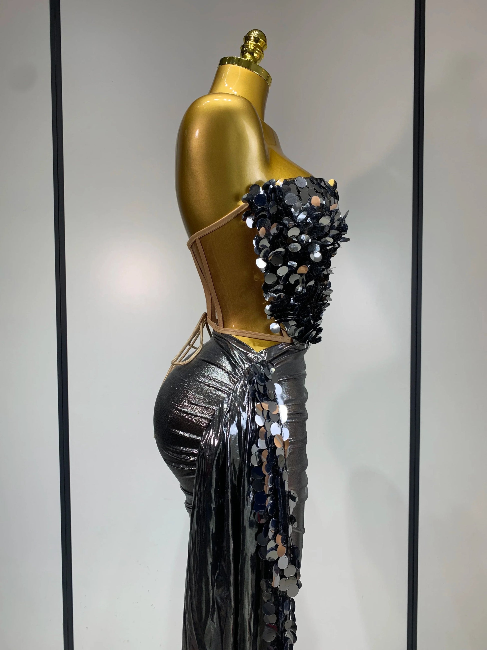 Sparkly Sequin Two Piece Set Sexy Strapless Backless Women's Outfit Evening Party Nightclub Stage Performance Dance Costume