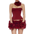 Red color Back Lacing Body shaping Strapless Top And Stereoscopic Flowers Mini Skirt 2 pieces Woman Birthday Party Dress