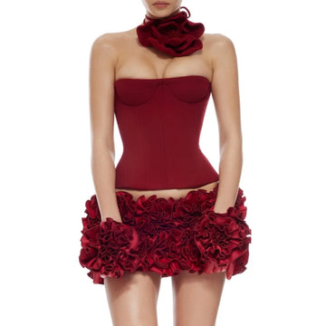 Red color Back Lacing Body shaping Strapless Top And Stereoscopic Flowers Mini Skirt 2 pieces Woman Birthday Party Dress