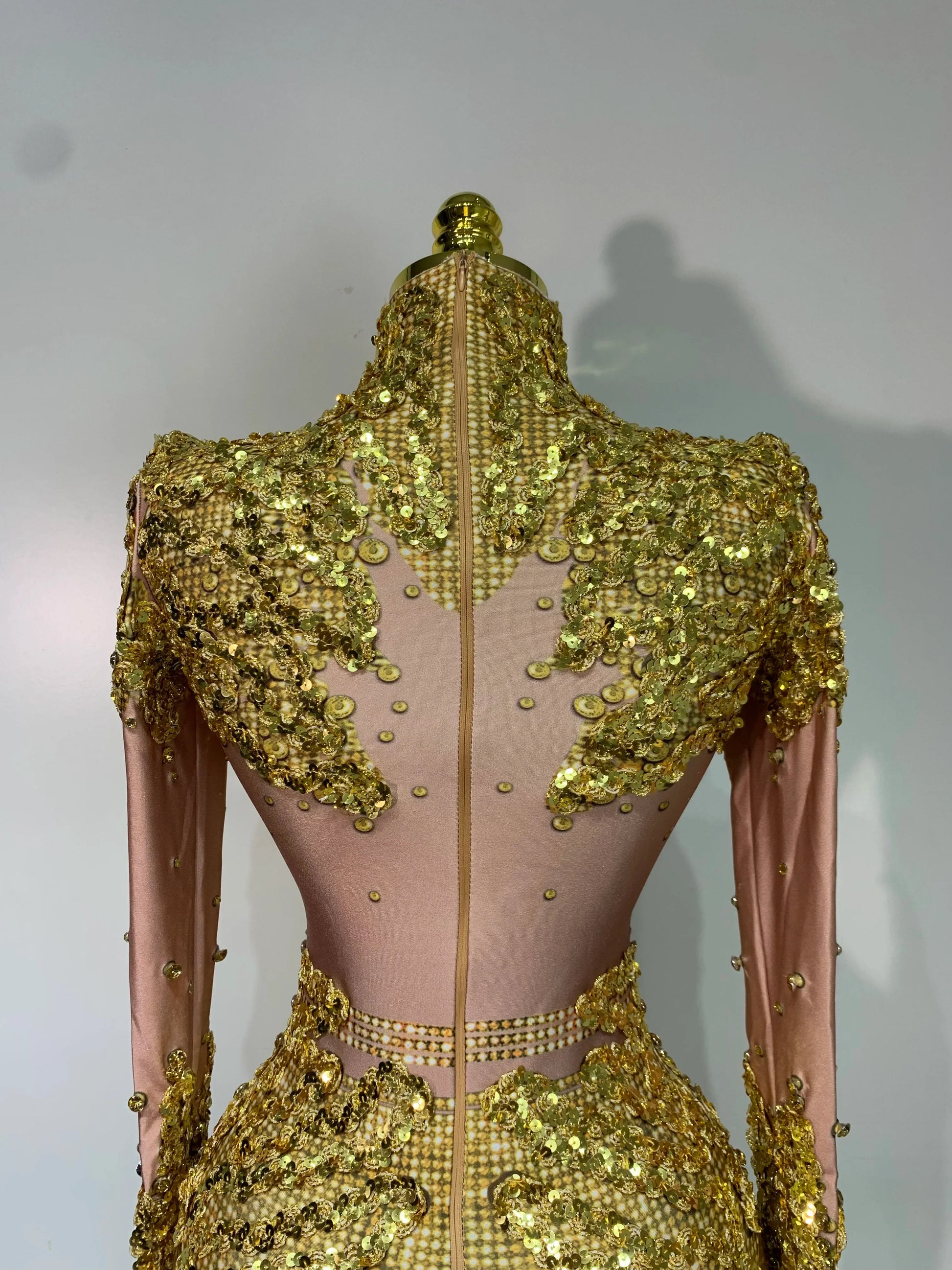 Sparkly Gold Rhinestone Sequin Stretch Bodysuits Women Luxury Birthday Party Nightclub Dancer Stage Performance Costume