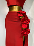 Women Red Top Flower Skirt Two Piece Set Evening Party Nightclub Elegant Host Tight Sexy Club Bodycon Bandage Long Skirt