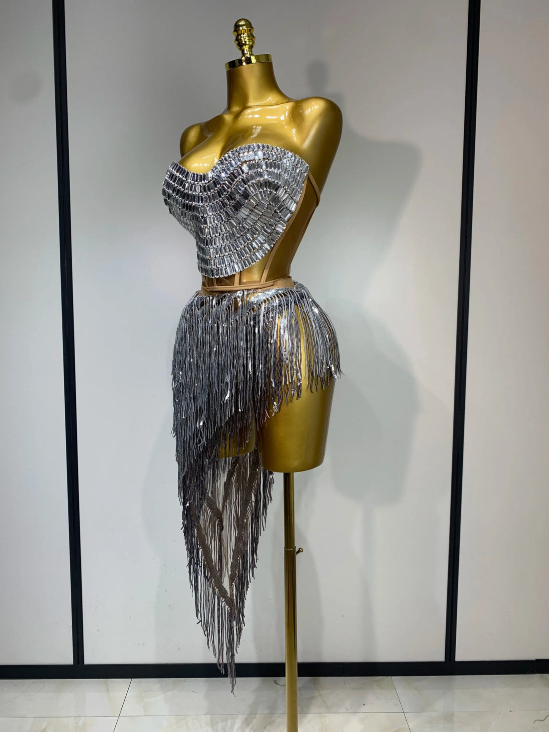 Sexy Sparkly Diamond Tassel Two Piece Set Women Evening Party Luxury Birthday Nightclub Singer Dancer Performan Stage Costume Silver