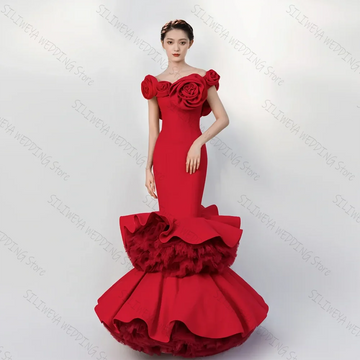 Red Off The Shoulder Mermaid Evening Dress Women Customized Celebrity Prom Stylish Party Simple Gown Pink