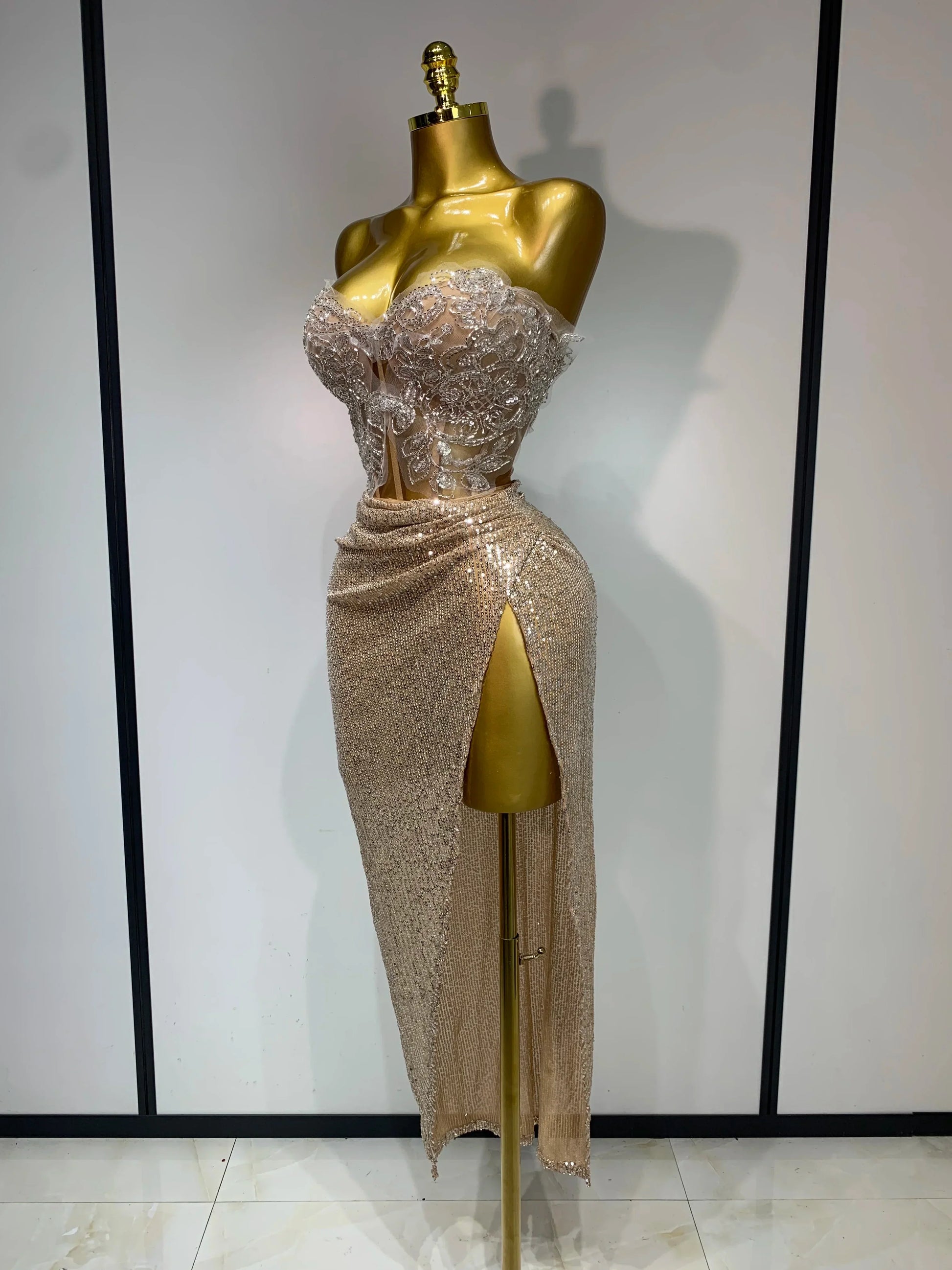 Shinning Beading Sequins Women Sexy Strapless Bodycon Two Pieces Set Celebrate Nightclub Party Luxury Birthday Stage Outfit