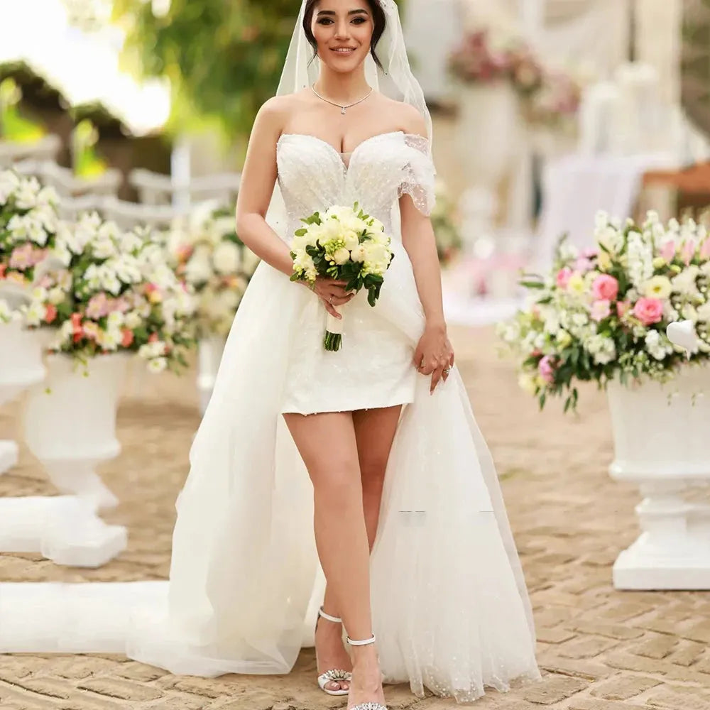 Modern White Short Wedding Dress With Tulle Train Sweetheart Sleeveless Bridal Gown For Bride Customize Civil Vestidos De Novia 14w