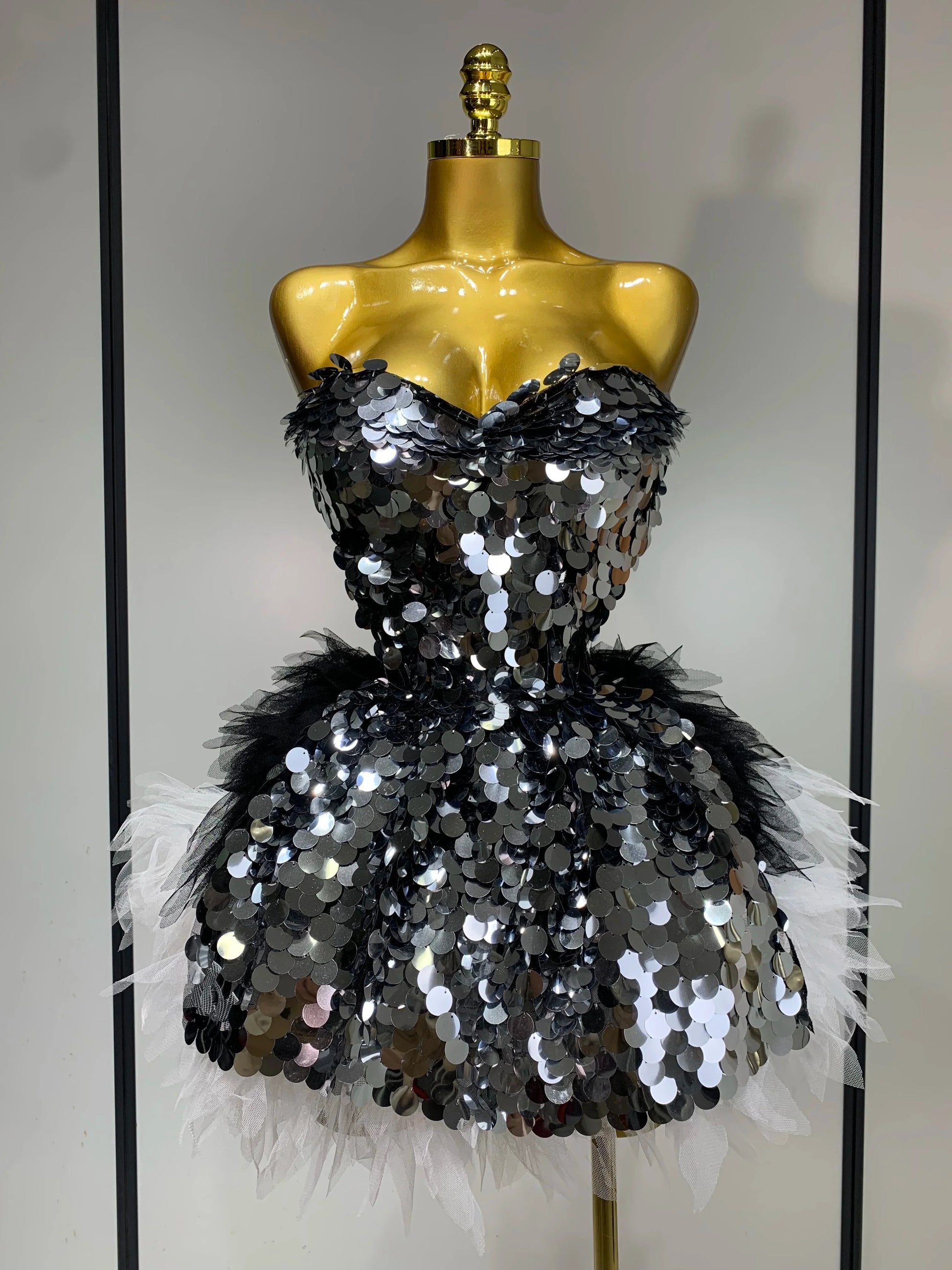 Sparkly Sequins Ruffles Two Pieces Set Sexy Backless Top Skirt Set Nightclub Performance Dance Dress Singer Stage Outfit Black