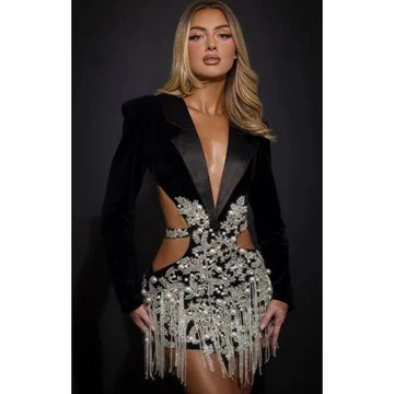 Luxury Diamonds Tassel Sexy hollow Out Notched Black Mini Dress Woman Evening Party Vestido Celebrate Club Party Outfit L