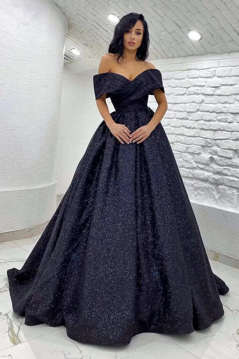 Elegant Evening Dresses Sparkly Off Shoulder V Neckline Ball Gown Bling Formal Party Women Prom Gowns Custom made Black