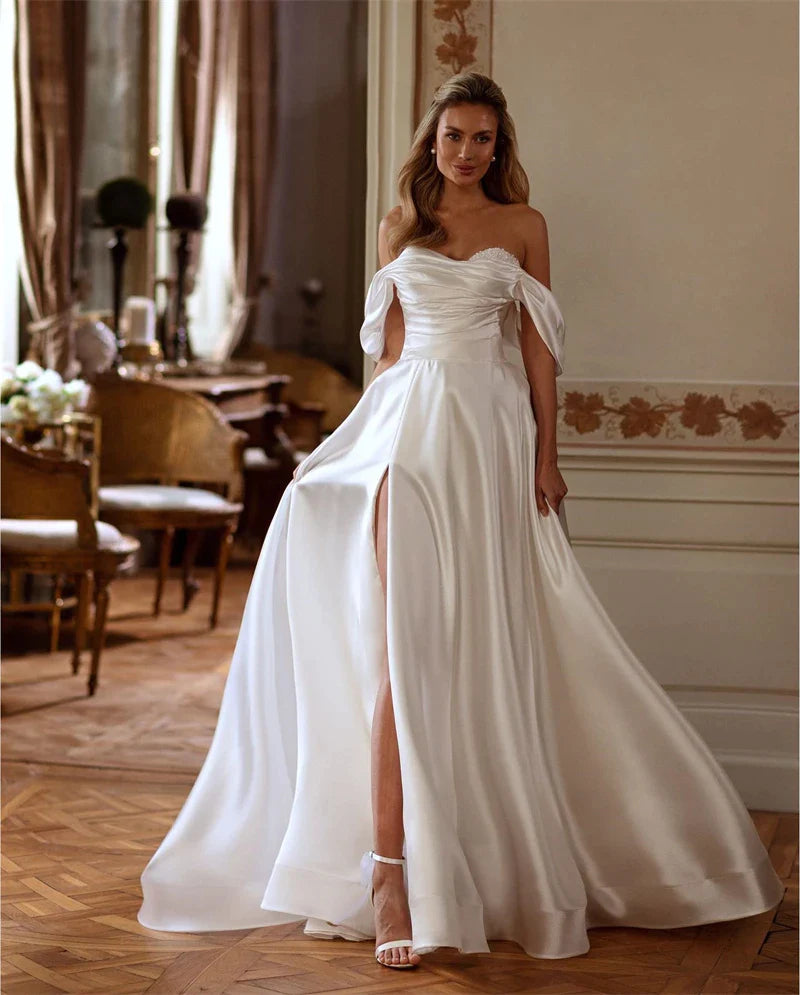 Sweet Wedding Dresses A Line Soft Satin Off The Shoulder Bridal Gowns Side Split Floor Length Wedding Party Gowns