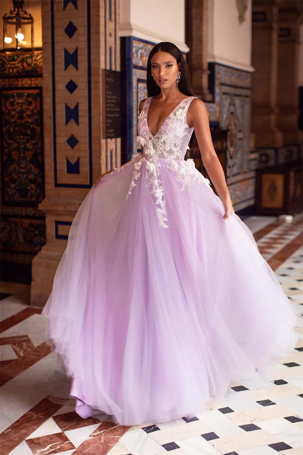 Lavanda Vestidos De Fiesta Elegantes Para Mujer Elegante encaje bordado Vestidos De graduación con cuello en V Vestidos De Noche